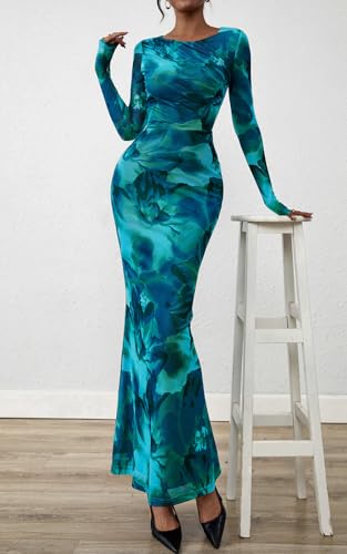 PRETTYGARDEN Women's Long Sleeve Floral Fall Wedding Guest Dress Casual Crewneck Ruched Bodycon Mesh Long Maxi Dresses2