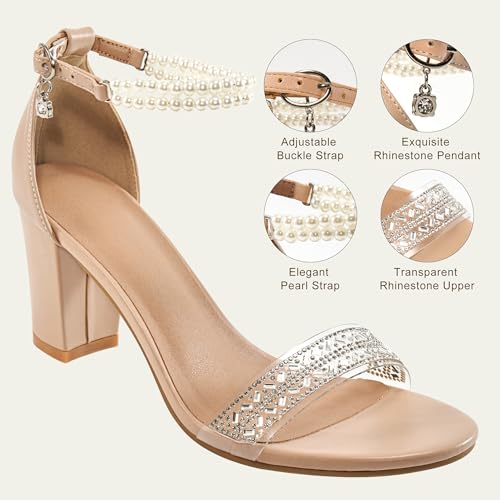 Ecetana Womens Sandals High Heels Open Toe Rhinestone Pearl Block Chunky Heeled Ankle Strap Dressy Sexy Shoes for Wedding Party3