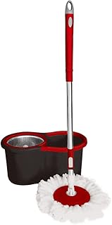 Spin Mop and Bucket Set - Foot Pedal Floor Cleaning Microfiber Mop and Bucket with Wringer and 2 Reusable Microfiber Refill - Rotary Mop for Hardwood, Laminate, Tile Floors (Black - Red)