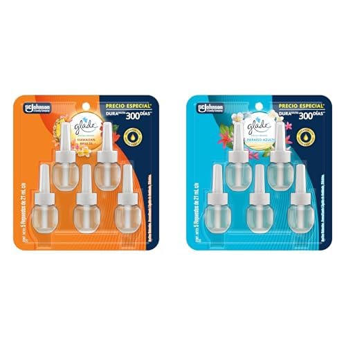 Glade Aromatizante Hogar Líquido Eléctrico Aceites Naturales Aroma Hawaiian Breeze 5 Repuestos 21ml Cada Uno + Paraíso Azul