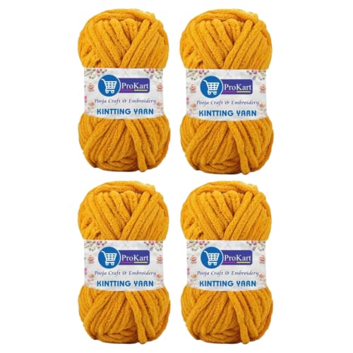 Image of ProKart Premium Blankie Wool, Plush & Cuddly, Chenille Yarn Supersoft Hand Knitting Wool Ball | Blanket Thick /Mottu Yarn Ball Suitable for Hand Knitting and Crocheting for Baby, Adult, Sweaters, caps, Throws, Home Furnishing, Scarves, Blankets (Yellow Mango, 100gms x 4 Pack)