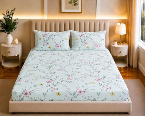 Image of Castiqa Elastic Fitted Supersoft Premium Polycotton 200TC Double Bedsheets King Size 78x72 Inch with 2 Pillow Covers (Fits Upto Mattress of 8Inches) (Multicolor XII)