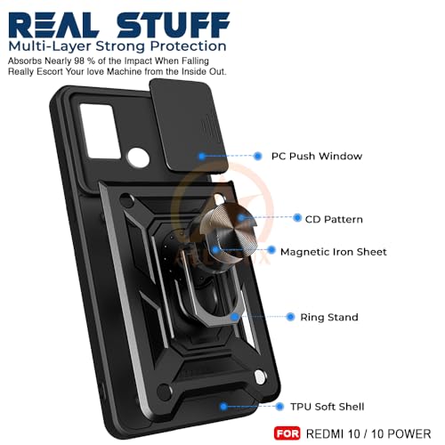 Image of Armor Bumper Back Cover Case for REDMI 10 /10 Power Rotating Camera Cover, Ring Holder & Kickstand | Heavy Duty & 360 Degree Protection REDMI 10 /10 Power Back Cover (Black)