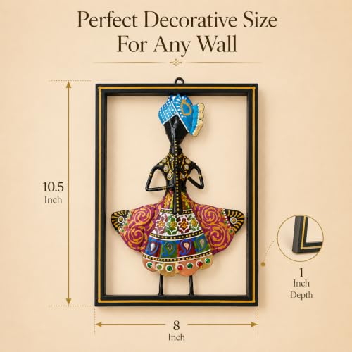 Image of iHandikart Folk Dancer Metal Wall Art for Home Decor, Iron Wall Sculpture with Hand-Painted Traditional Indian Folk Design, Decorative Wall Hanging for Living Room, Bedroom & Office (10.5 x 8 Inch)