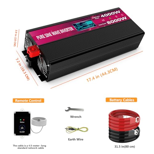 Image of 4000W Pure Sine Wave Power Inverter 12V DC to 110V /120V AC, 8000W Peak with Remote Control, 4 AC Outlets, Dual USB, LED Display, Heavy Duty Converter for RV, Truck, Solar System, Off-Grid & Emergency
