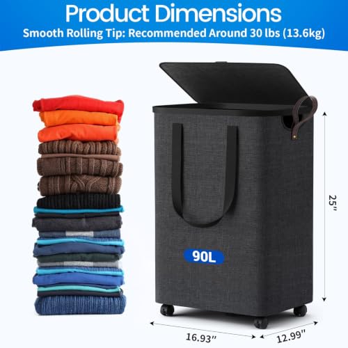 Laundry Basket with 5 Wheels, Rolling Laundry Hamper, 90L, Deep Gray - image 3