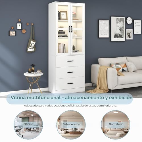 Miniatura 5 de Sogesfurniture Vitrina De Cristal, Color Blanco, Con 2 Puertas De Cristal, 3 Cajones, Moderno, Para Salón, Oficina, 60 X 40 X 200 Cm