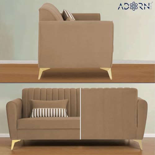 Image of Adorn India Premium Luster 3 Seater | Velvet Suede Fabric | 3-Year Warranty | Color Camel with Golden Legs & Striped Pattern Cushion