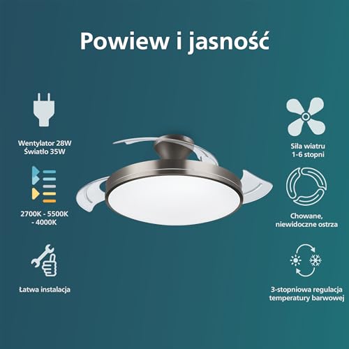 Philips Atlas LED wentylator sufitowy 28W+35W, 2700-5500K, nikiel, z pilotem zdalnego sterowania