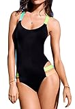 Halife Women's Fluorescent Strap One-piece Bikini Monokini Swimwear (M, Black)