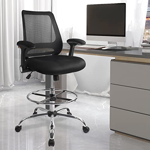 Drafting Chair, Height Adjustable Tall Office Chair, Standing Desk Chair with Adjustable Foot Ring and Flip-Up Arms, Black Drafting Chair, Height Adjustable Tall Office Chair, Standing Desk Chair with Adjustable Foot Ring and Flip-Up Arms, Black