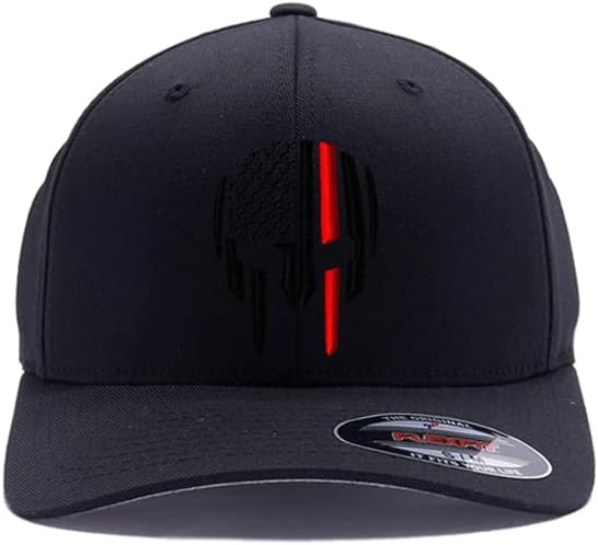 G&B Red Thin Red/Blue Line Spartan Helmet & Distressed Skull Flex Baseball Cap. Embroidered. 6277/6477 Flex Baseball Hat - Image 5