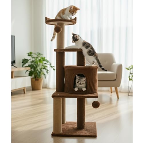 Image of Soft Fur Activity Scratching Post /Cat Tree for Kittens & Cats - Natural Sisal Rope Triple Platform Tower (Height 43 Inch) (Brown -3FLOOR)