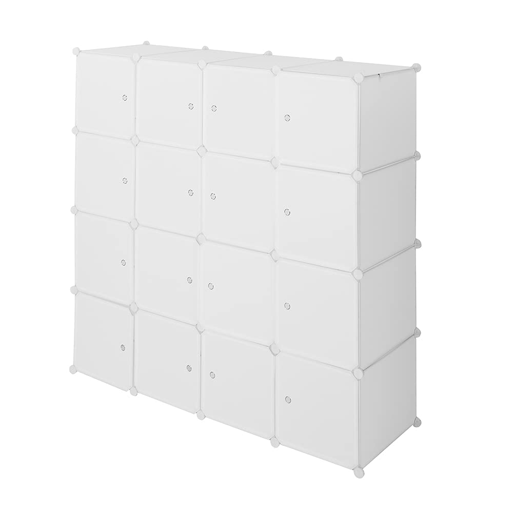 Armoire Penderie Modulable, 16 Cubes, Armoire Chambre, Étagère de Rangement avec Portes, pour Le Stockage de vêtements, Jouets, etc.. (Blanc, 140 x 45 x 140 cm)