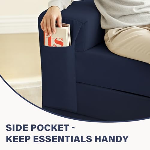 Image of Tiita Folding Sofa Bed Chair, 4-Fold Convertible Sleeper Chair with Lumbar Pillow, Washable Cover & Side Pocket, Floor Couch Bed with Raised Seat, Single Size for Small Spaces, Navy