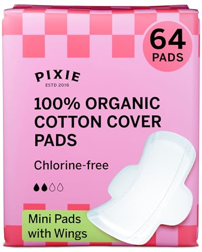 Pixie Compresas Mini de Algodón Orgánico con Alas para Mujeres y Adolescentes – Ultrafinas, Absorción Ligera – Hipoalergénicas, Sin Perfume, Biodegradables – 64 Unidades
