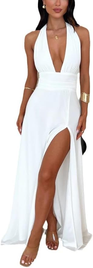 ANKOMINA Women's Sexy V Neck Halter Backless Maxi Dress Ruched High Split Long Bodycon Dresses for Party Cocktail Evening