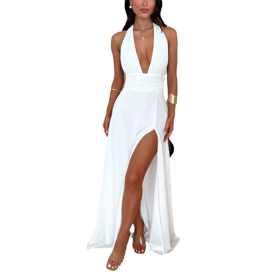 Image of ANKOMINA Women's Sexy V Neck Halter Backless Maxi Dress Ruched High Split Long Bodycon Dresses for Party Cocktail Evening