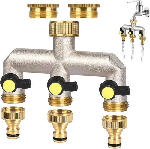 ilauke 3-Wege Wasserhahn Wasserverteiler, Verteiler Wasser 3/4 Zoll Messing Wasseranschluss Verteiler mit 2 Stück 3/4 Zoll auf 1/2 Zoll Hahnanschluss für Haus, Hof, Waschmaschine, Gartenschläuche