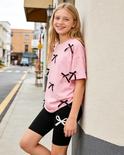 Image of Kids Girl Clothes Heart Print Short Sleeve Top and Shorts Cute Girl Summer Outfits Short Set