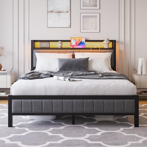 VERFARM Queen Bed Frame with LED Lights Storage Headboard and USB Charging Station,Metal Upholstered Platform Bed Frame Queen Size with Storage No Box Spring Needed,Strong Steel Slats,Noise Free,Grey