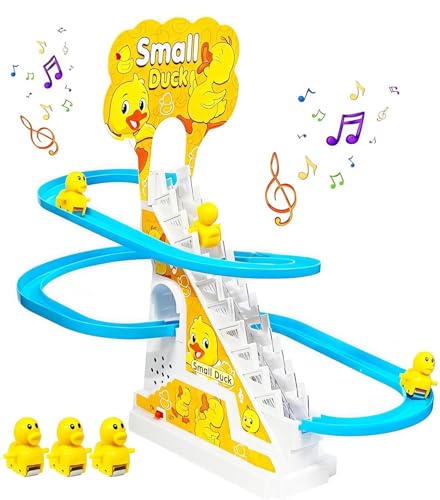 Image of Duck Track Toy Set with Climbing Stairs and Slide, Music and LED Lights, Blue and Yellow, for Kids Boys and Girls 3+ Years