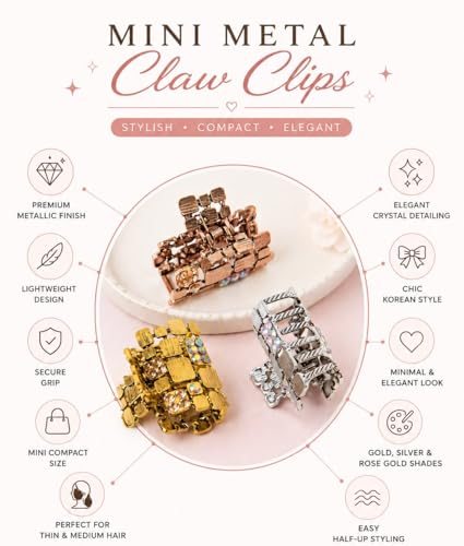 Image of Radhu & Kabby Korean Style Mini Claw Clips Set of 3 for Women | Small Metal Clutcher Jaw Clips | Strong Hold Elegant Hair Accessories | Gold, Silver & Rose Gold