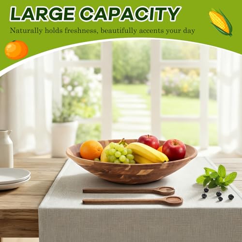 Geiserailie Extra Large 16 Inch Acacia Wood Salad Bowl Set Wooden Serving Bowl with Serving Utensils for Fruits, Pasta, Salad Farmhouse Kitchen for Housewarming Wedding Christmas Gift by Geiserailie - Used condition - Image 5