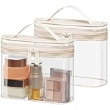 PACKISM TSA Approved Toiletry Bag 2 Pack - Quart Size Clear Makeup Bag with Handle & Dual Metal Zippers, Large Opening 3-1-1 Airline Compliant Security Travel Organizer for Carry On Liquids, Beige