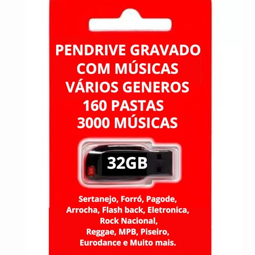 Pen Drive 32gb com Músicas Gravadas Com Vários Generos 3000 Músicas,160 Pastas : Sertanejo, Forró, P