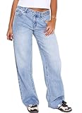 Sxidecgqi Women's Mid Low Waist Baggy Jeans Wide Straight Leg Frayed Raw Hem Loose Boyfriends Denim Jeans Denim Pants Y2K 90S Casual Trousers(Light Blue S)