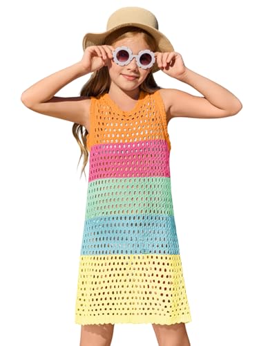 Image of Haloumoning Girls Color Block Crochet Knit Swim Cover up Kids Summer Sleeveless Beach Dress 5-14 Years