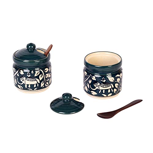 Image of AAKRITI ART CREATIONS Jungle Elephants Pickle Barni Set of 2 with Spoon | Ceramic Achar ki Barni & Mukhwas Box | Handcrafted Madhubani Storage Jar for Spice, Pickle & Chatni