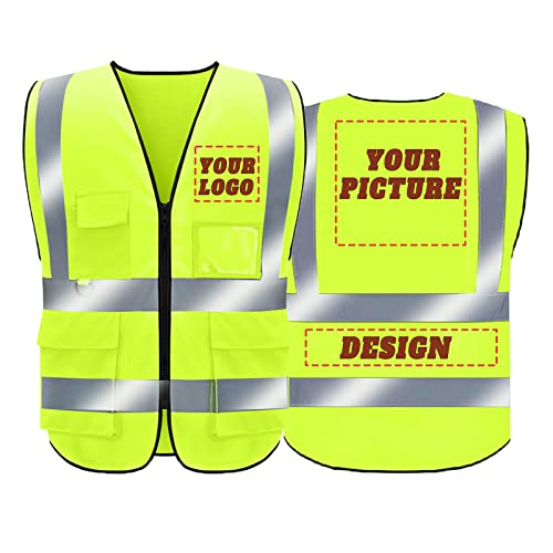 Safety Vest Custom Logo Class 2 Hi Vis Reflective Vest High Visibility Vest Construction security Work Vest for men/women with 5 Pockets /1 Pack (Yellow, XL)