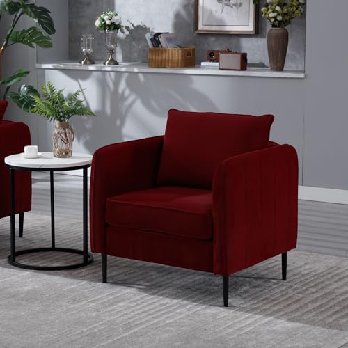 Sillón moderno terciopelo con estructura madera rojo
