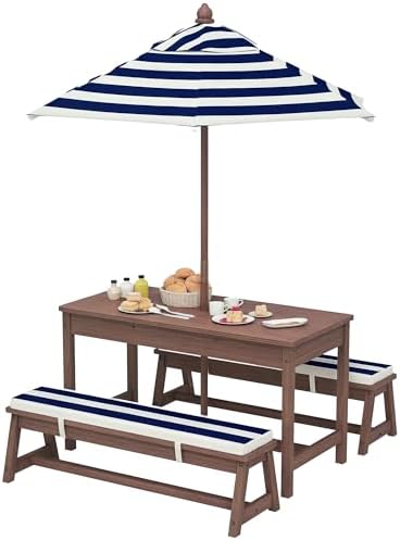 Brilluxa Kids Picnic Table Set, Outdoor Wooden Children’s Activity Table and Bench with Cushions and Umbrella for Patio, Garden, and Backyard Play, Navy Blue