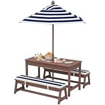 Qaba Kids Picnic Table, Outdoor Wooden Table & Bench Set with Cushions and Umbrella, Children Backyard Furniture for Patio, Garden, Navy Blue