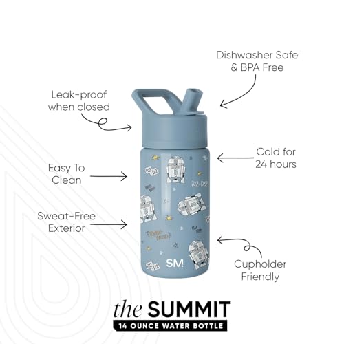 Image of Simple Modern Kids Summit Water Bottle with Straw Lid | Star Wars 14oz Stainless Steel Cup Insulated Tumbler for Boys, School | R2D2 Rebel Droid