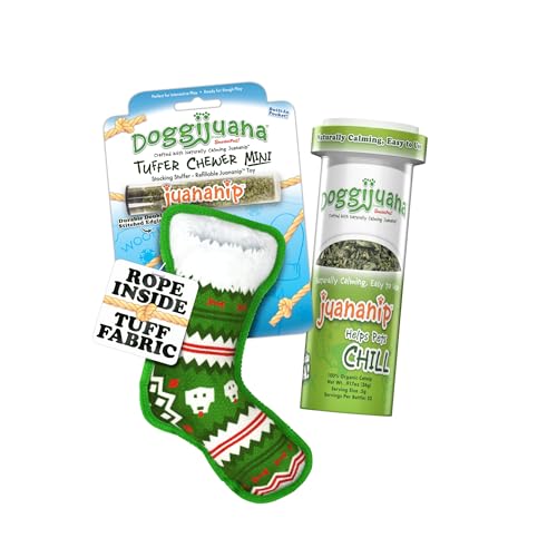 Image of Doggijuana Stocking & Juananip Bundle | Holiday 2 Pack, Squeaky Dog Toy | Refillable squeaky plush dog toy + organic calming catnip; eases anxiety, stress & storms; drug-free, hand-harvested