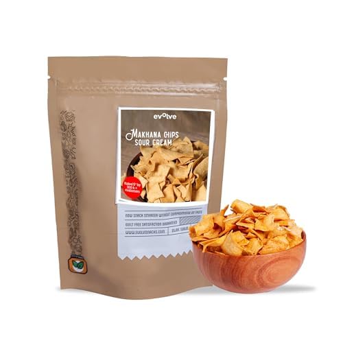 Image of Evolve Makhana Chips Healthy Snacks for Kids, Adults, Gluten Free, Low-Calorie, Weight Loss-Friendly, No Palm Oil, Vacuum Fried, Sour Cream & Onion Flavor - 100g Pack of 2