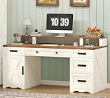 YOMILUVE Farmhouse Executive Desk with Drawers & Storage Shelves, 55" Computer Desk with Power Outlets, Home Office Desk with Monitor Stand & File Drawers, Writing Study Table, Antique White