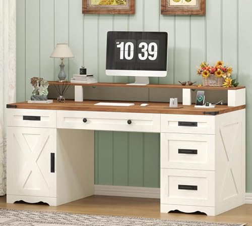 YOMILUVE Farmhouse Executive Desk with Drawers & Storage Shelves, 55"