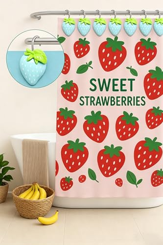 Image of Blue Strawberry Shower Curtain Hooks 12 Pack Resin Decorative Shower Curtain Hooks Cute Fruit Bathroom Curtain Hangers for Standard Shower Rod