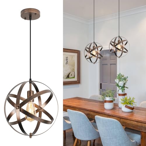 Dorlink Pendant Light, Industrial Rustic Farmhouse Pendant Light, Round Spherical Pendant Light Adjustable Vintage Metal Pendant Light Fixture for Kitchen, Bedroom, Dining Room, Foyer