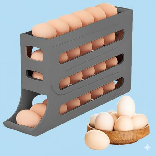 Image of 30 -Egg Holder Organiser With Automatic Rolling Dispenser For Refrigerator| Kitchen| Hotel, With Multi-layer Storage Rack. (Gray)
