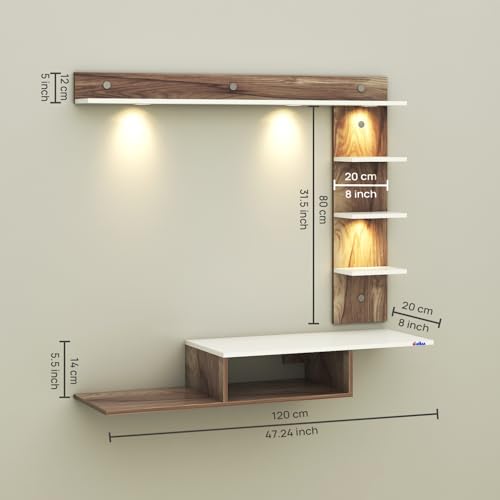 Image of Wintor Engineered Wood Wall Mounted TV Unit with 4 LED Lights,3 Open Shelves,1 Storage Box & Decorative Display Shelf for Living Room | Ideal for Upto 43 Inch TV- CoachWood /White(DIY Assembly)