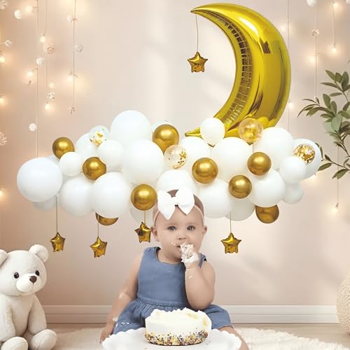 Image of Golden and White Balloon Garland kit with Golden Foil Moon and foil star, Pack of 52 pcs for Birthday Decoration, anniversary Decoration, Home decor items