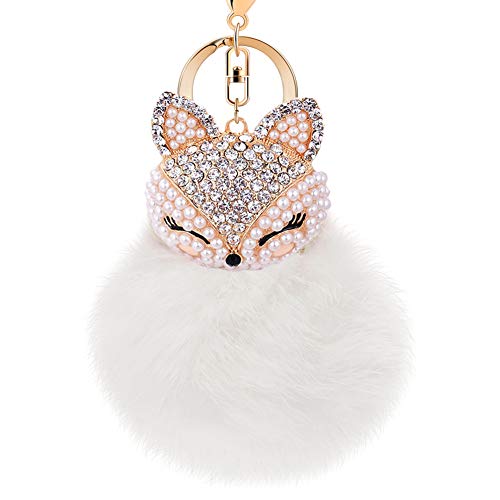 Anple Genuine Rabbit Fur Ball Pom Pom Keychain with A fashion Alloy Fox Head Studded with Synthetic Diamonds(Rhinestone) for Womens Bag Cellphone Car Charm Pendant Decoration(White style 3)