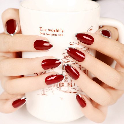 YUNAI Burgundy/Deep Red with Silver Fake Nail Tips Full Cover Stiletto Fales Nails