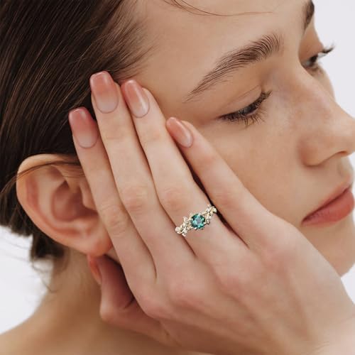 10k 14k 18k Gold Emerald Diamond Engagement Rings for Women May Birthstone Ring Vintage ring Unique Nature Inspired Leaf Ring Green stone Gifts2